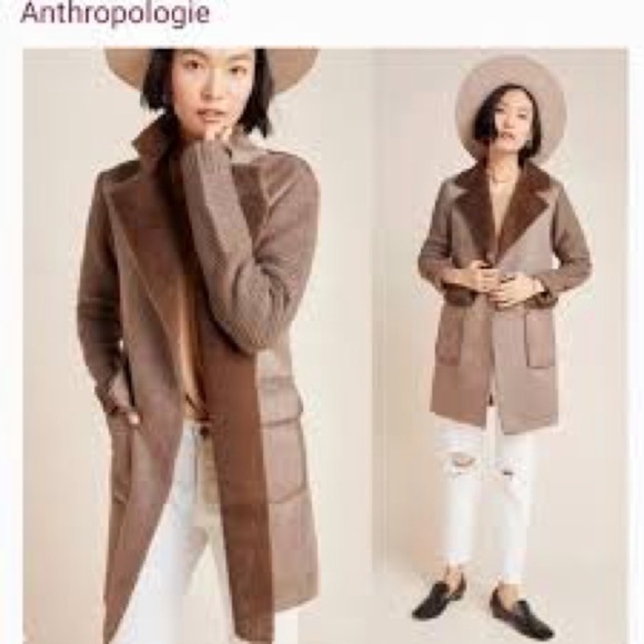 Anthropologie Jackets & Blazers - Anthropologie Taupe Knit Sleeve Faux Suede Coat with Faux Fur Collar - Size M